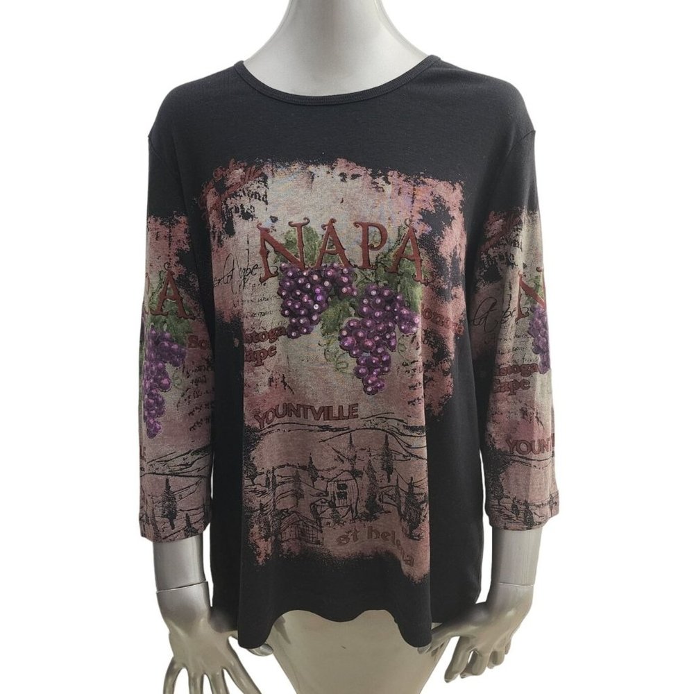 A.L.C. Napa Wine Top Rhinestone Grapes Black Shirt Blouse ALC 1X